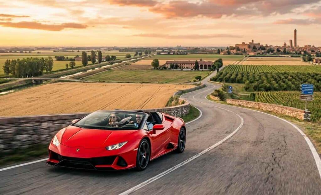 Red Lamborghini on the road in Italy
