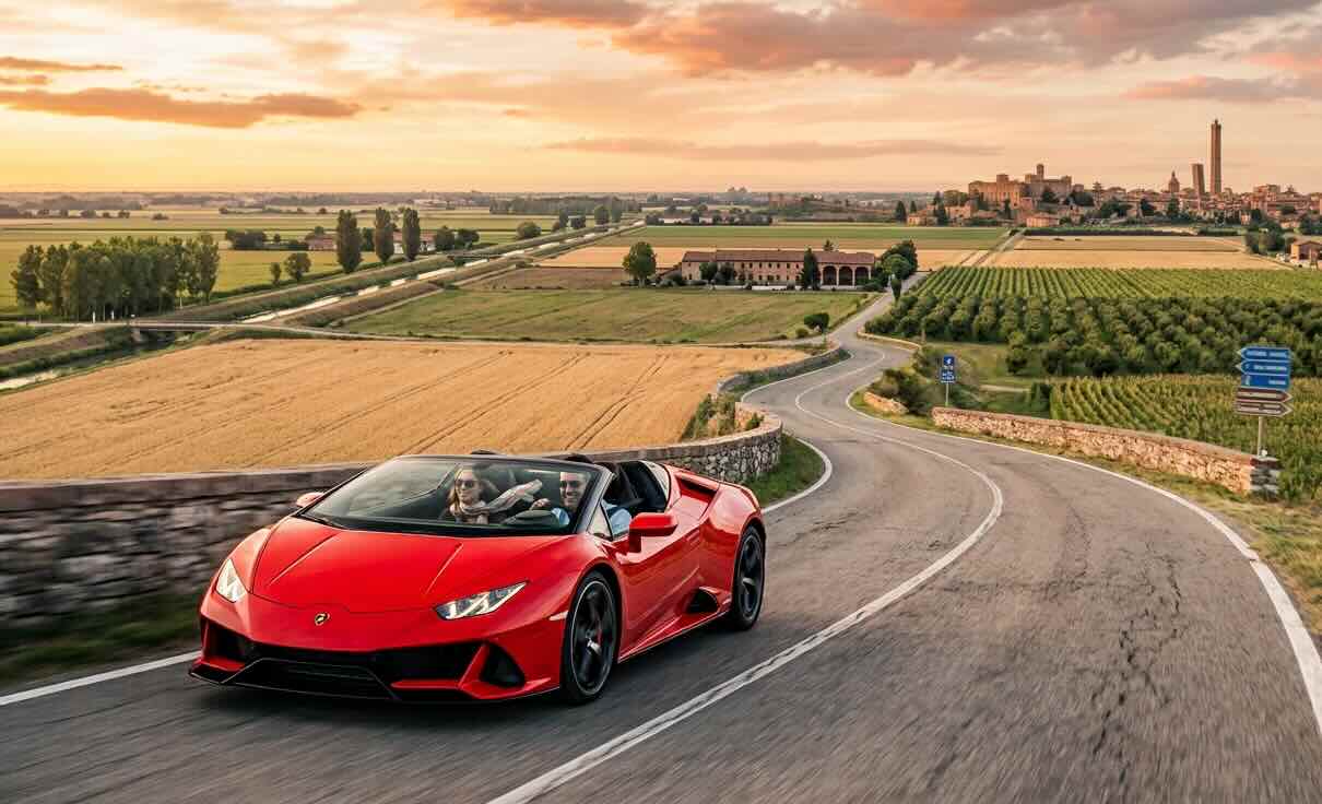 Red Lamborghini on the road in Italy